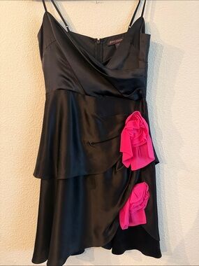 Betsey Johnson Black Satin One-Shoulder Dress with Hot Pink Rosettes